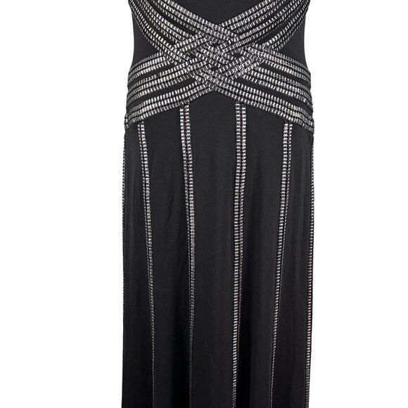 Tadashi Shoji Women M Tall Black Evening Gown Silver Beaded Elegant Jersey Dress - Picture 7 of 16